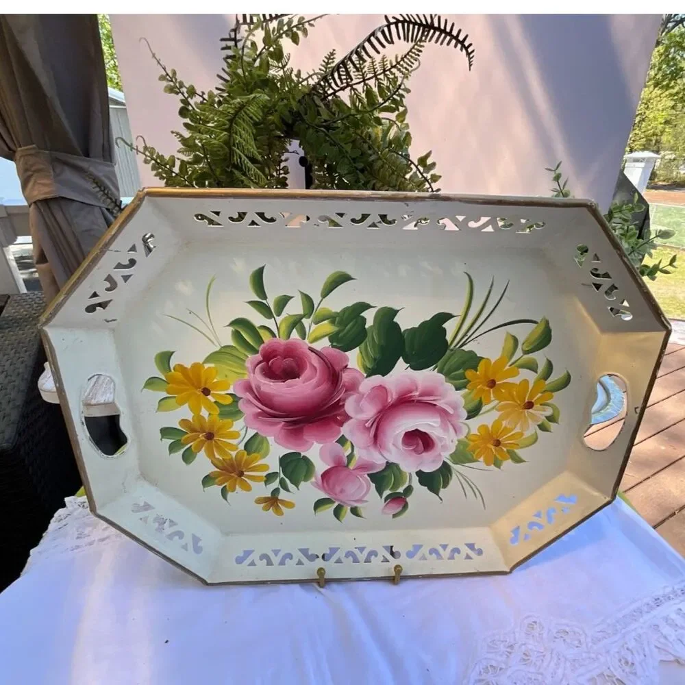 Hand Painted Shabby Cottage Vintage Tole Tray Beautiful tole tray